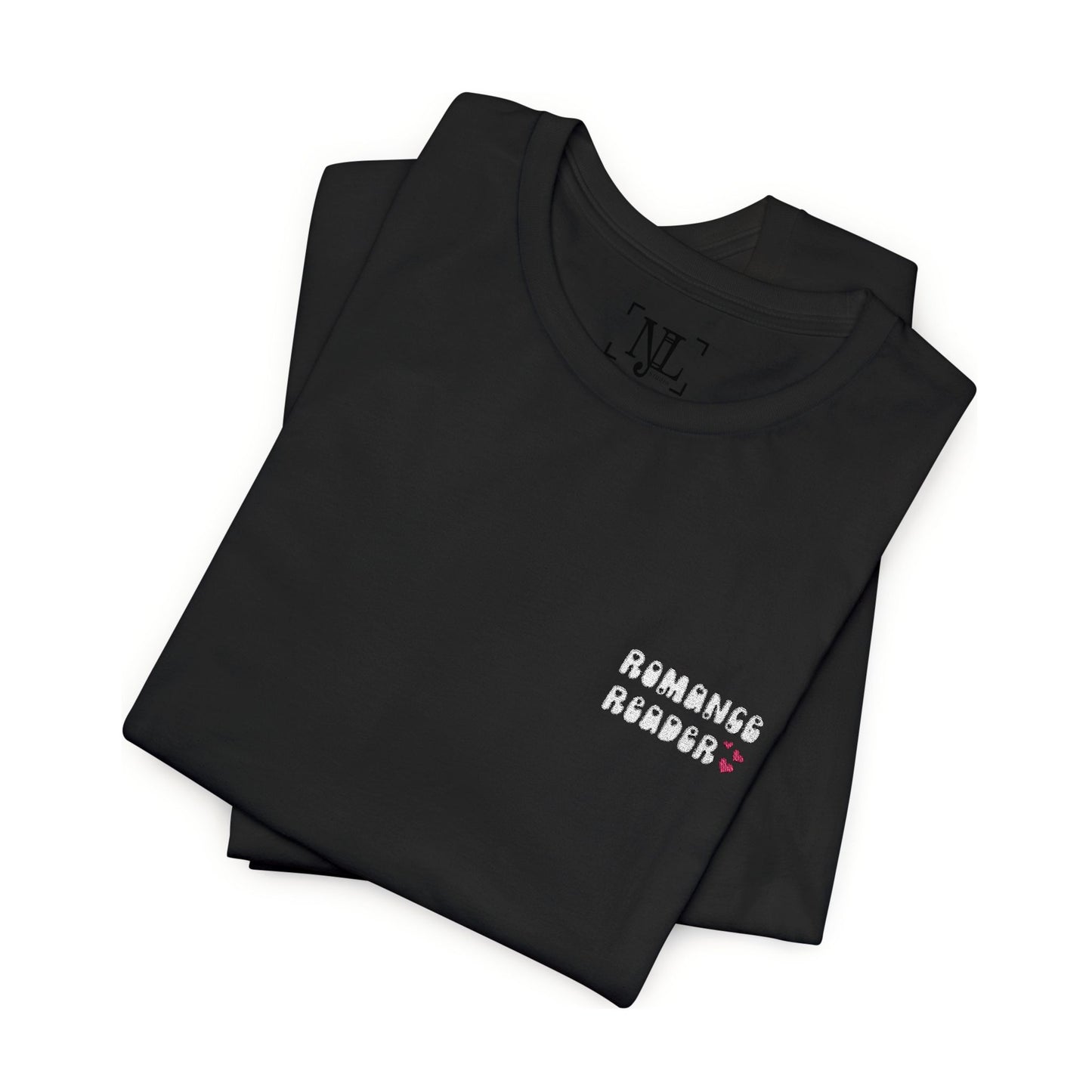 "Romance Reader" - Embroidered Literary Tee (White Text with Pink Hearts)