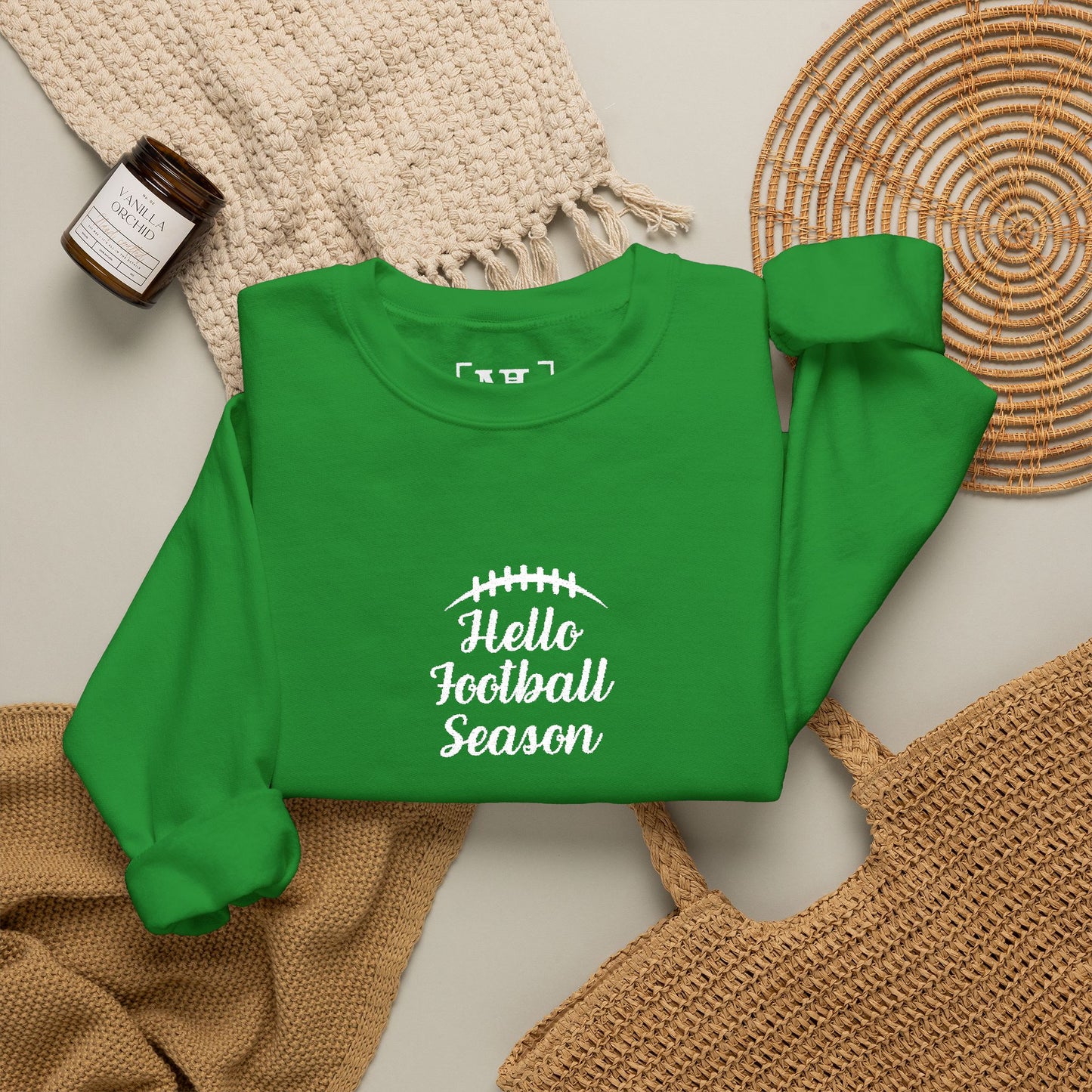 Hello Football Season Sweatshirt — Cozy Game Day Crewneck (White Text)