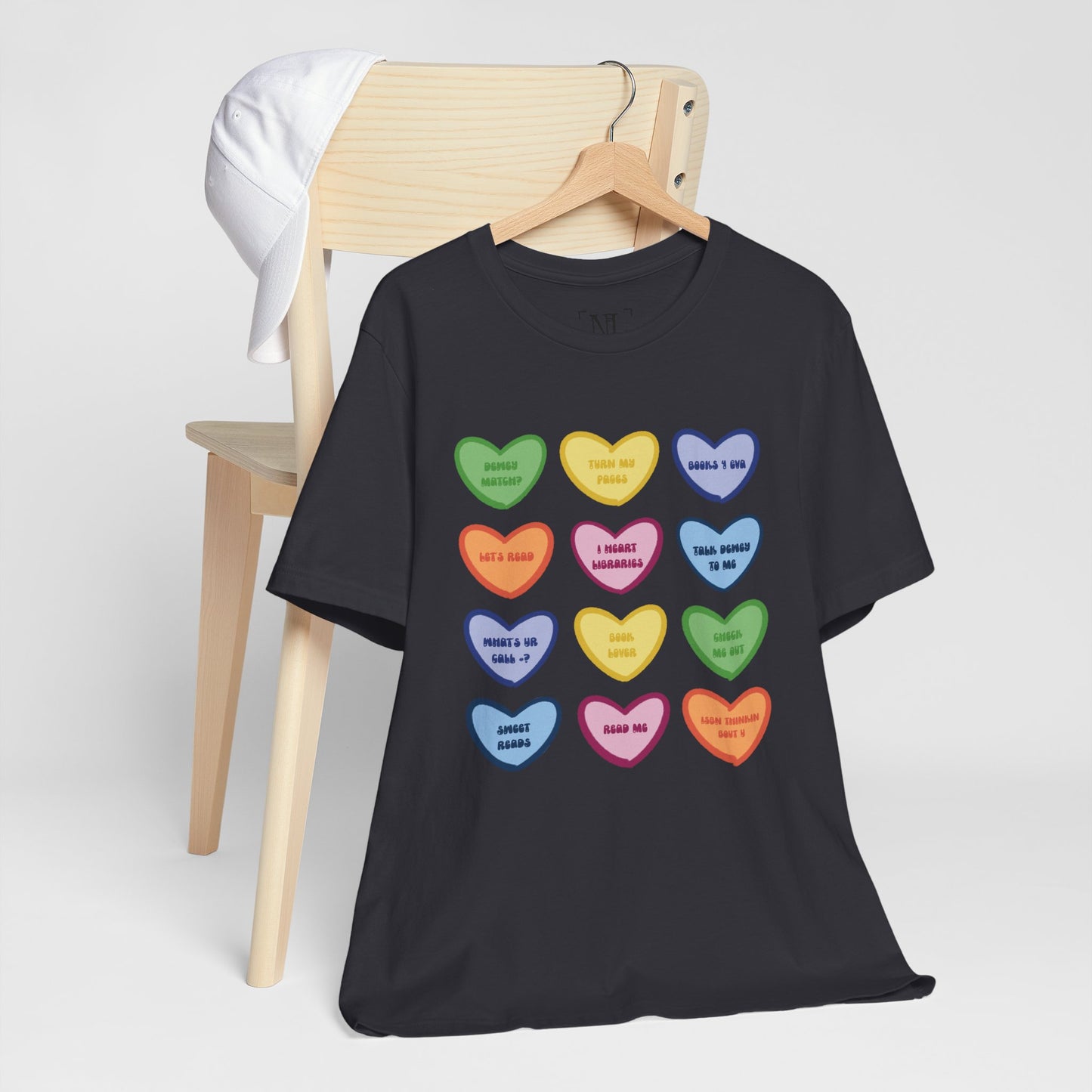 Library Conversation Heart Graphic Tee — Cute Pastel Candy Hearts with Messages