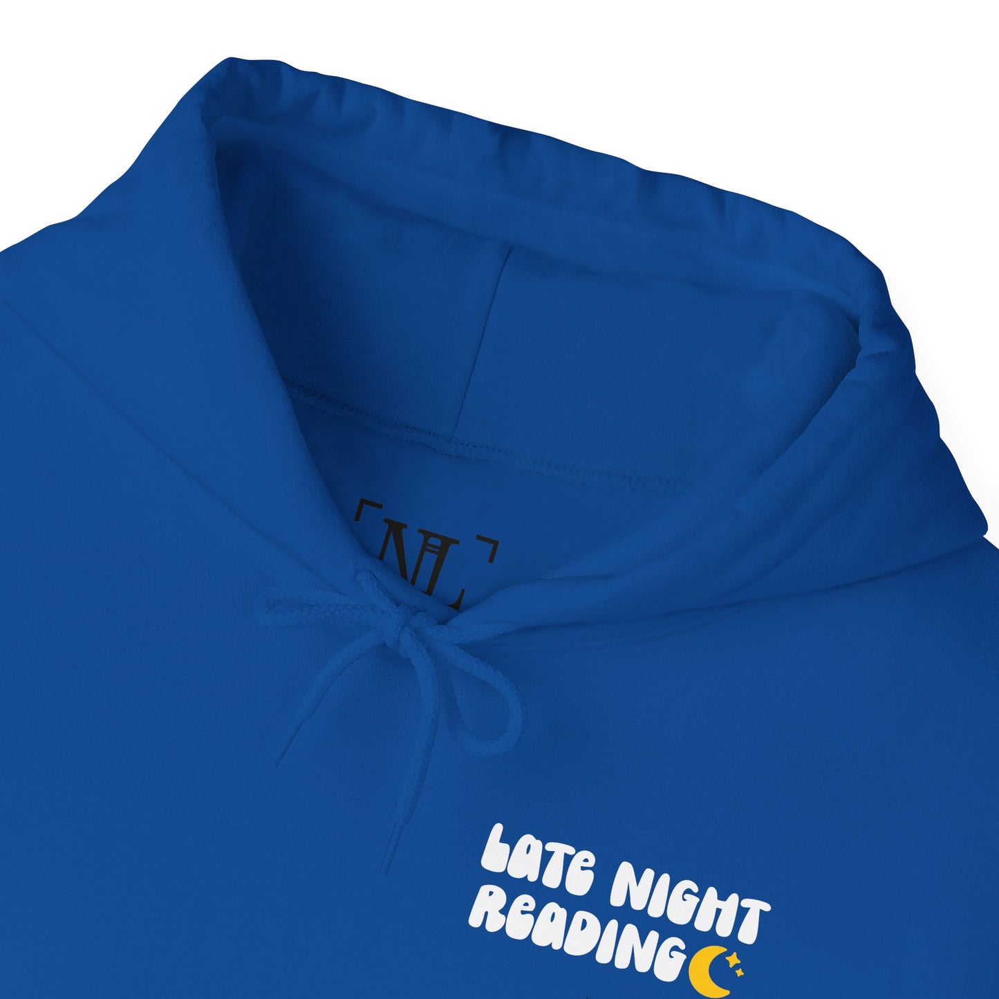 Late Night Reading Hoodie — Cozy Book Lover Pullover with Moon & Books Graphic (White Text)