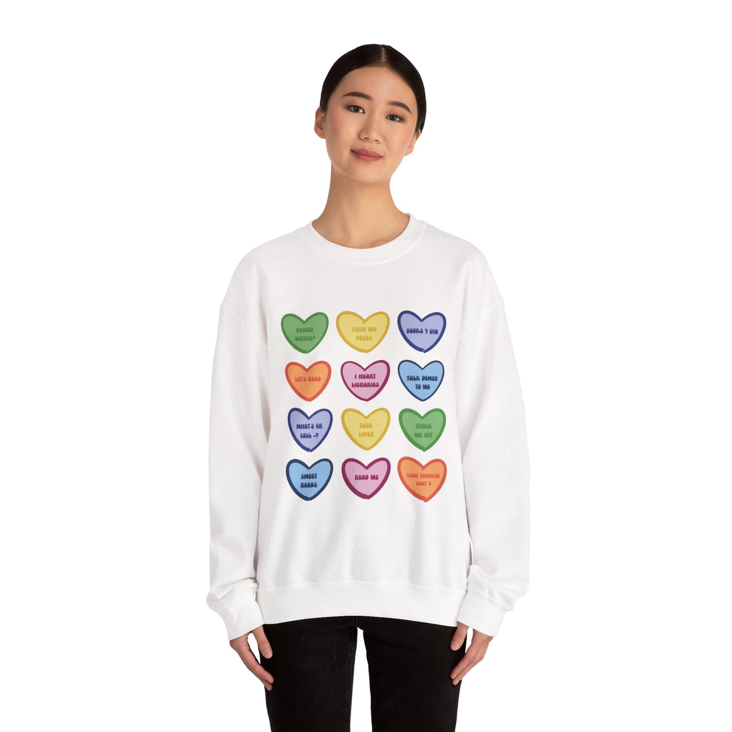 Library Themed Conversation Heart Sweatshirt — Colorful Valentine Candy Heart Graphic Crewneck