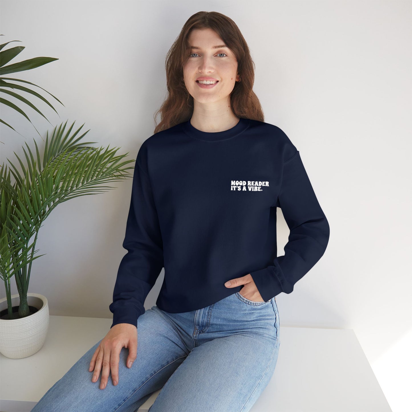 "Mood Reader. It's a Vibe - Embroidered Literary Crewneck Sweatshirt (White Text)