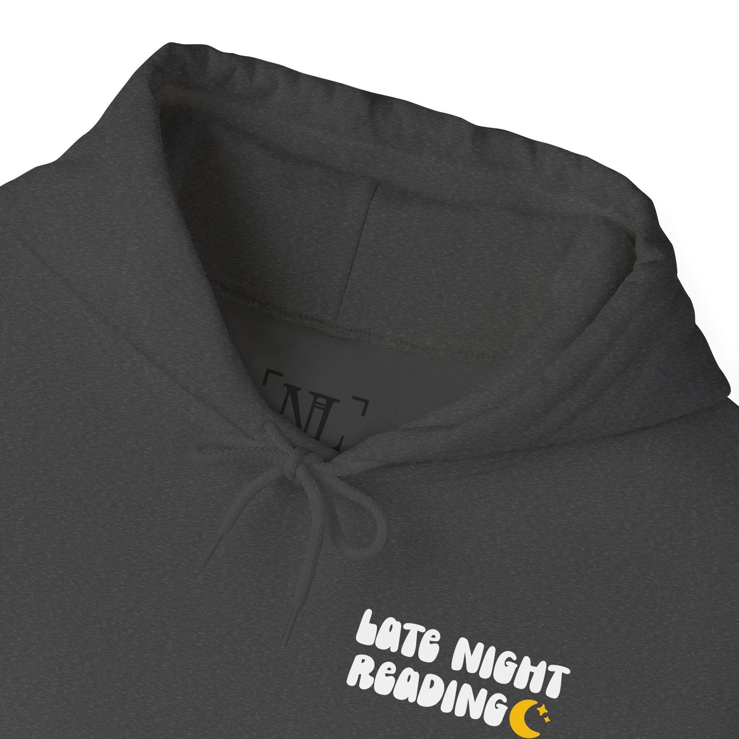 Late Night Reading Hoodie — Cozy Book Lover Pullover with Moon & Books Graphic (White Text)
