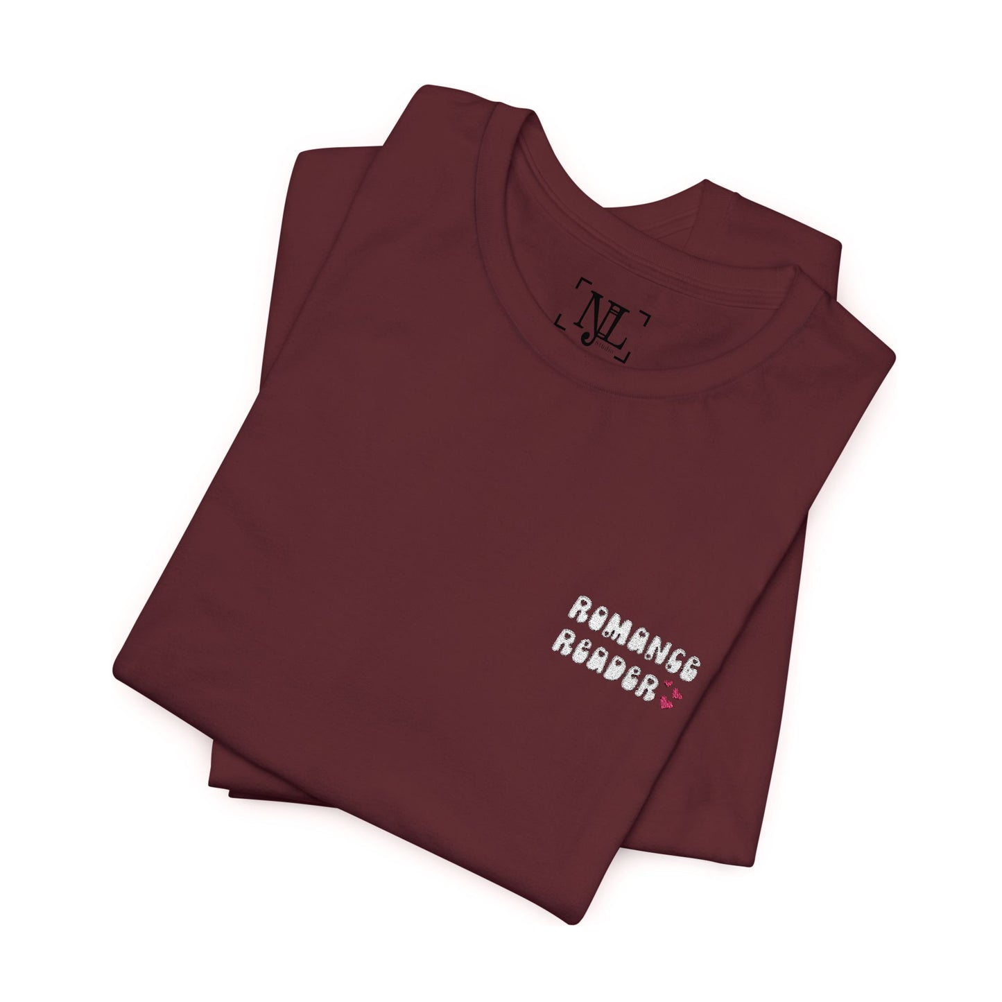 "Romance Reader" - Embroidered Literary Tee (White Text with Pink Hearts)