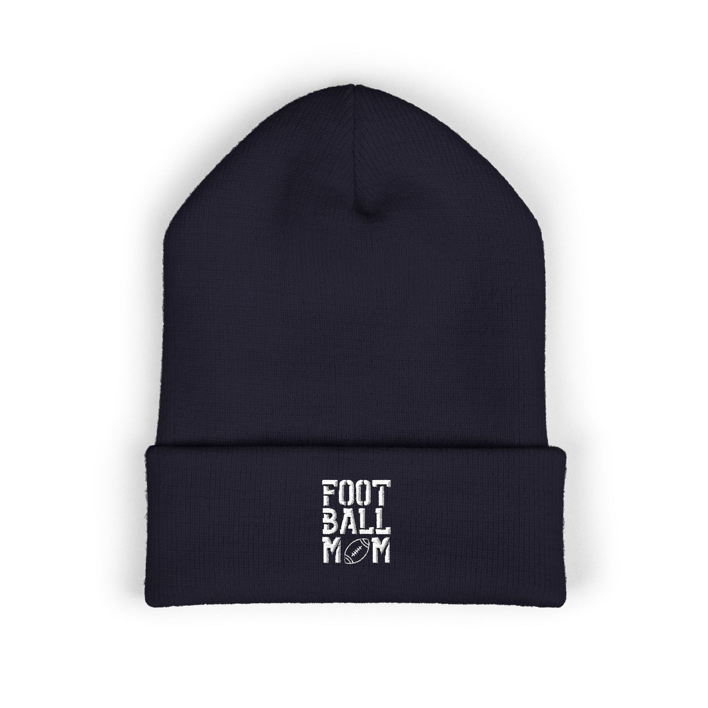 Football Mom Embroidered Cuffed Beanie – Cozy Sideline Knit Hat (White Text)