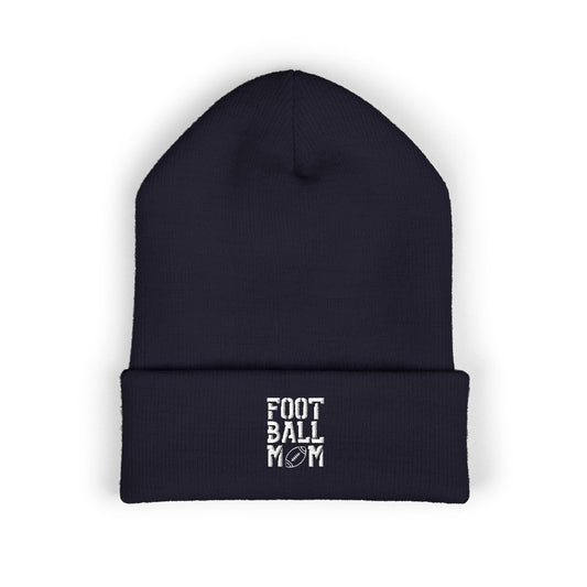 Football Mom Embroidered Cuffed Beanie – Cozy Sideline Knit Hat (White Text)