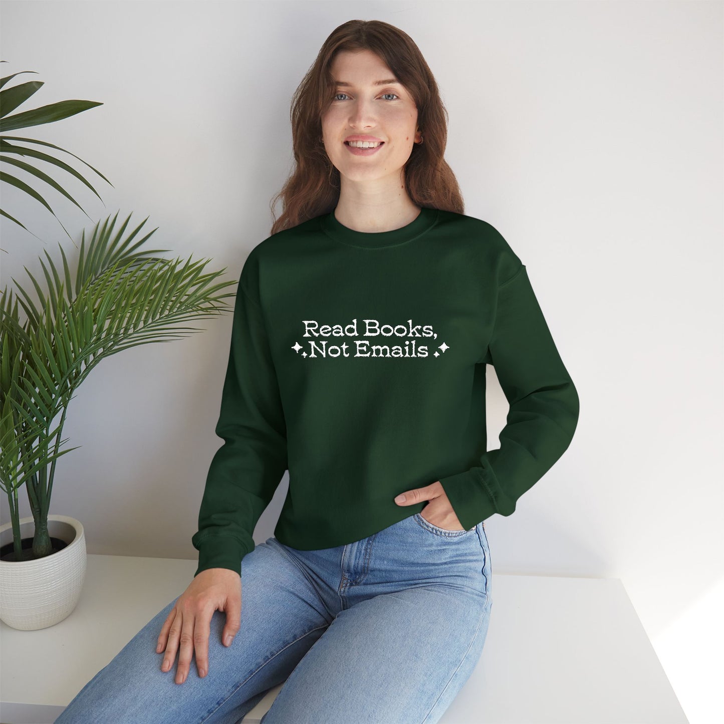"Read Books Not Emails." - Embroidered Cozy Literary Sweatshirt (White Text)