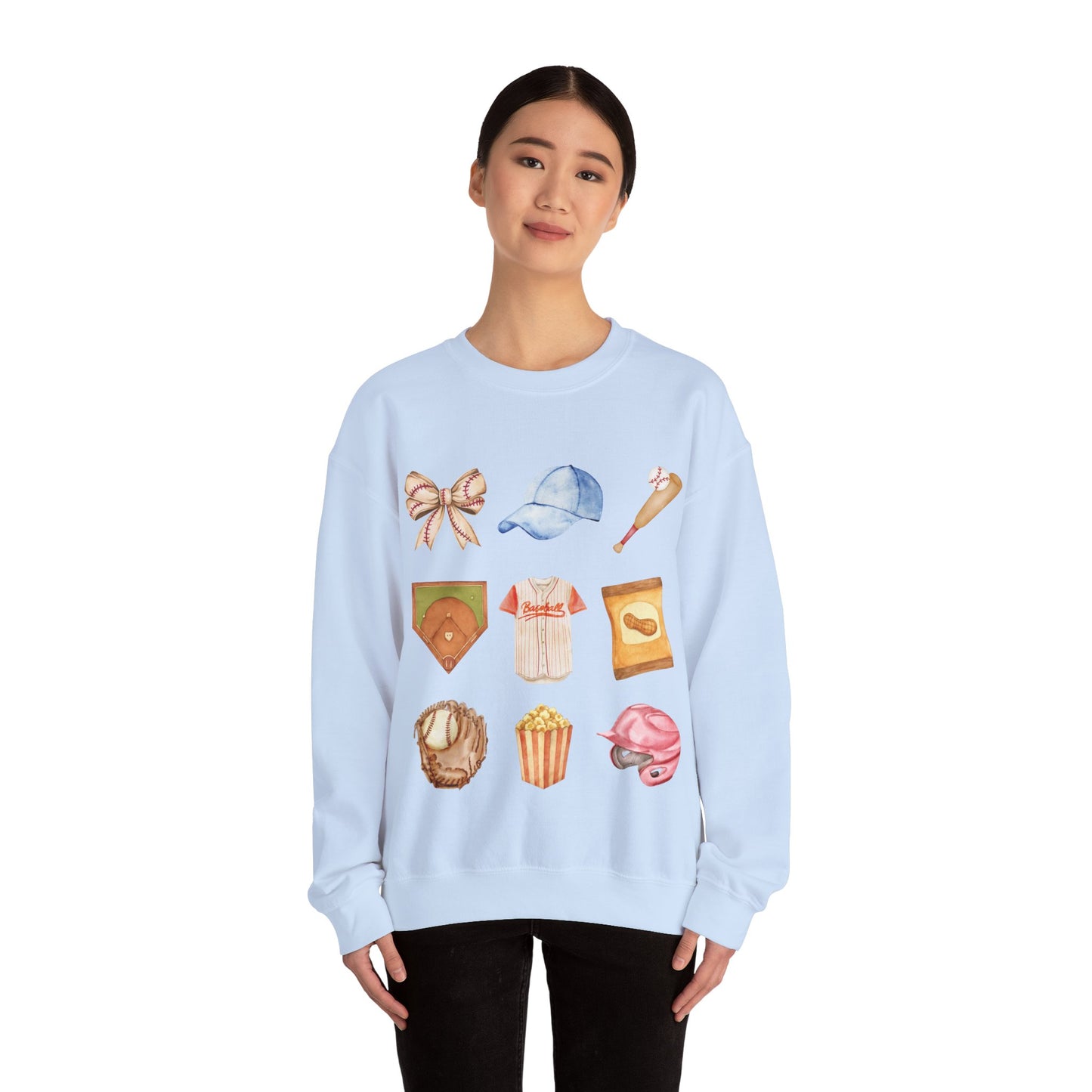 Baseball Icons Crewneck Sweatshirt — Watercolor Baseball Gear Graphic