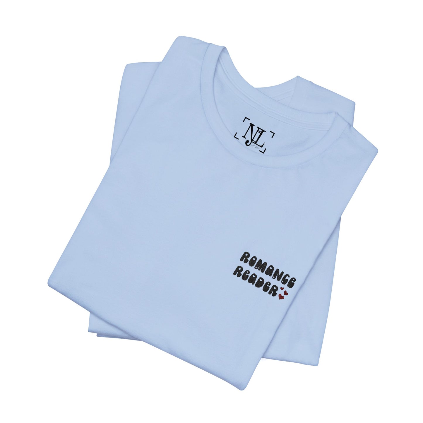"Romance Reader" - Embroidered Literary Tee (Black Text with Maroon Hearts)