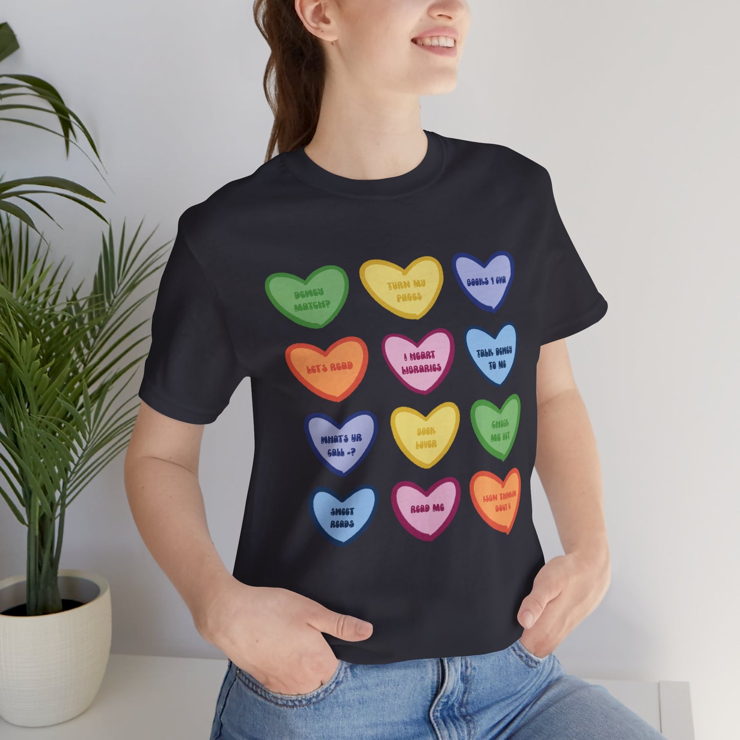Library Conversation Heart Graphic Tee — Cute Pastel Candy Hearts with Messages