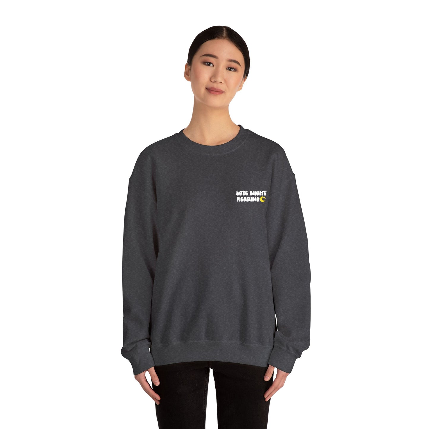 "Late Night Reading - Embroidered Cozy Literary Crewneck Sweatshirt (White Text)
