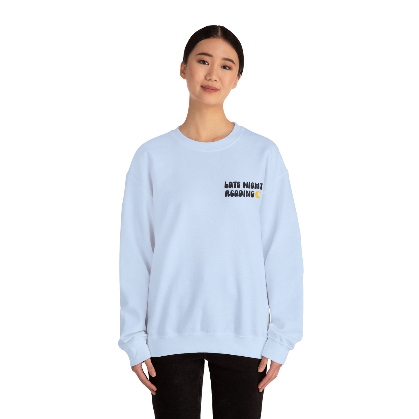 "Late Night Reading " — Cozy Book Lover Crewneck (Black Text)