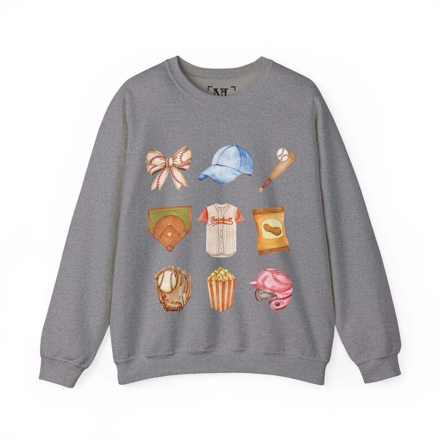 Baseball Icons Crewneck Sweatshirt — Watercolor Baseball Gear Graphic