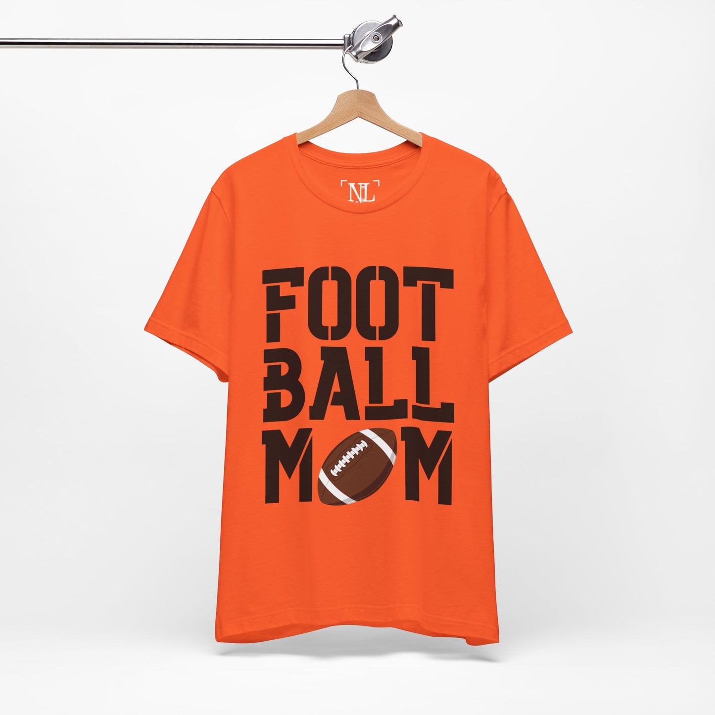Football Mom T-Shirt – Bold Stacked Text with Football Graphic