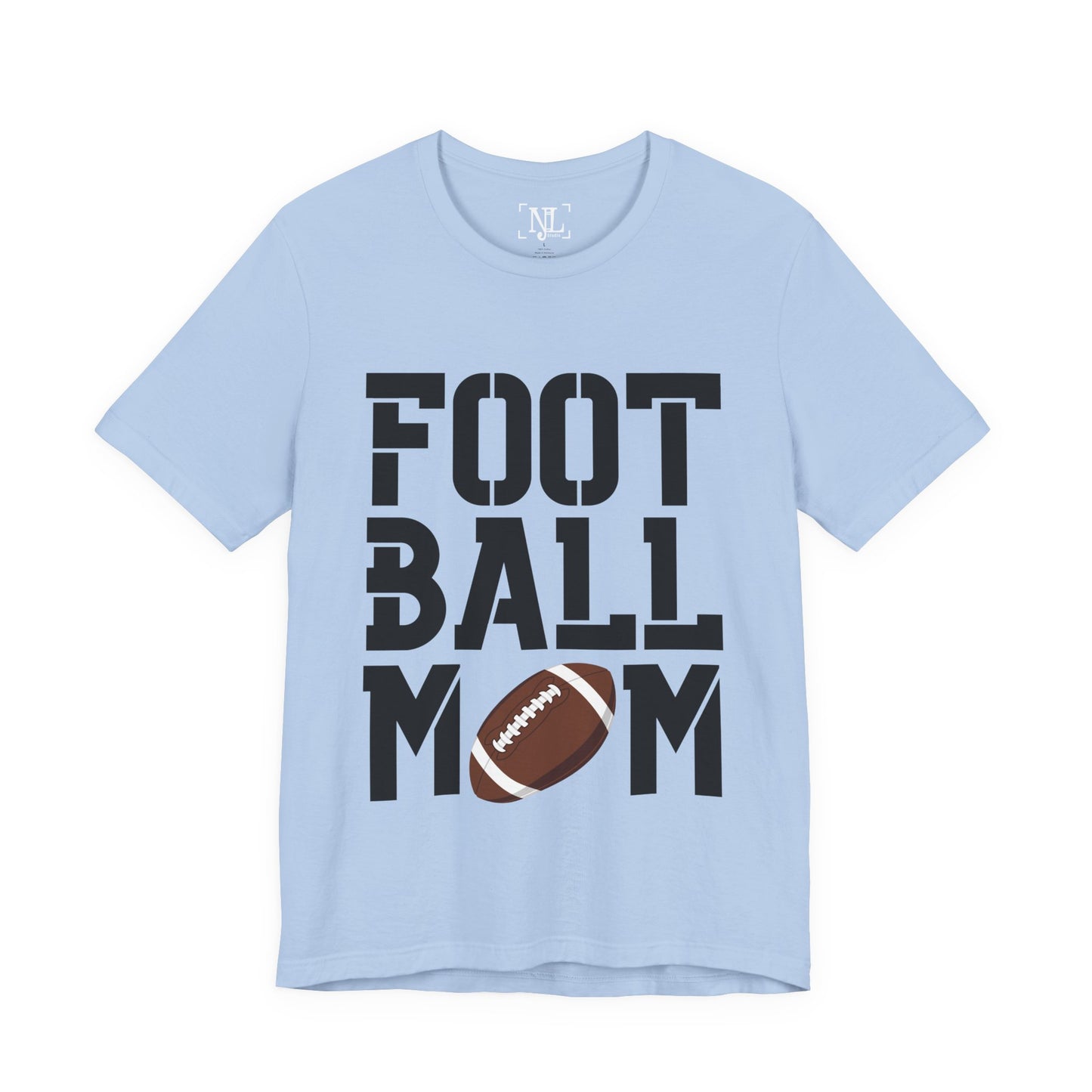 Football Mom T-Shirt – Bold Stacked Text with Football Graphic