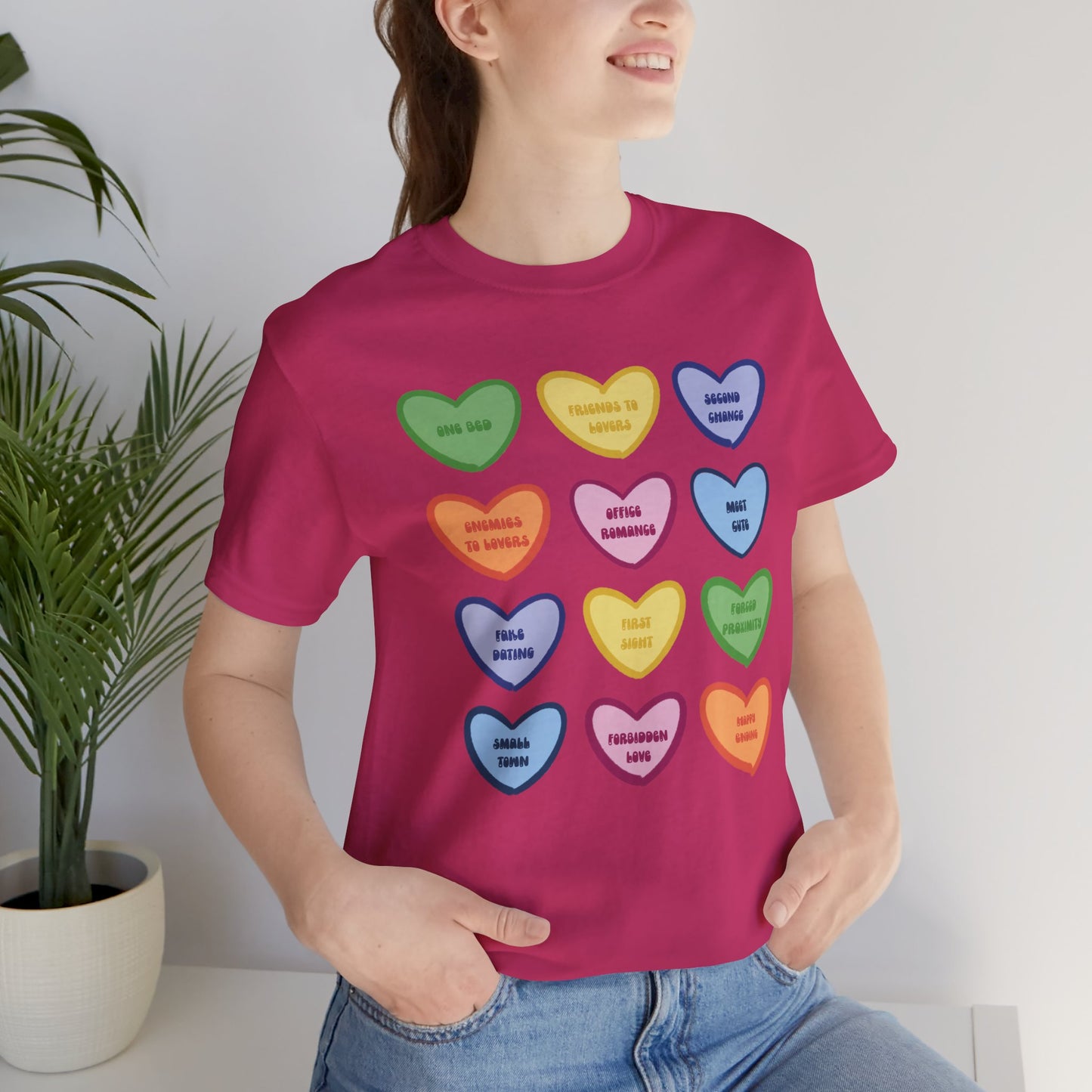 Romance Book Tropes Conversation Heart Graphic Tee — Cute Pastel Candy Hearts with Messages