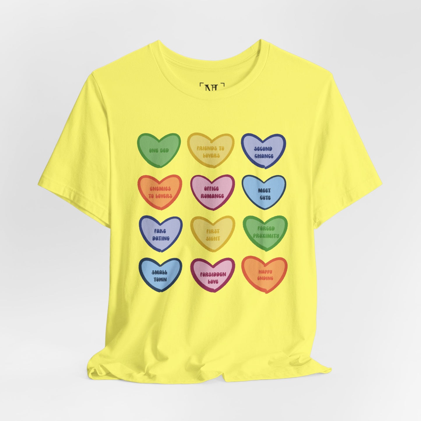 Romance Book Tropes Conversation Heart Graphic Tee — Cute Pastel Candy Hearts with Messages