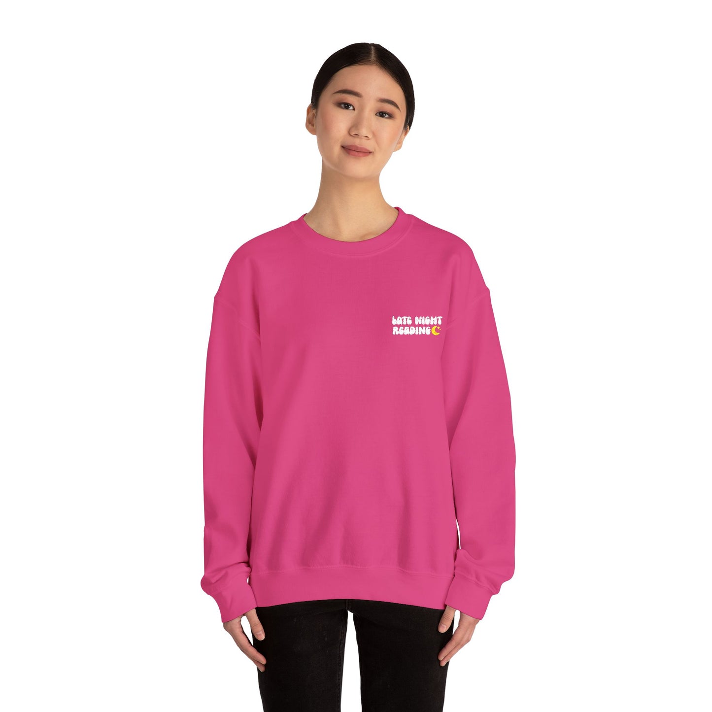 "Late Night Reading - Embroidered Cozy Literary Crewneck Sweatshirt (White Text)