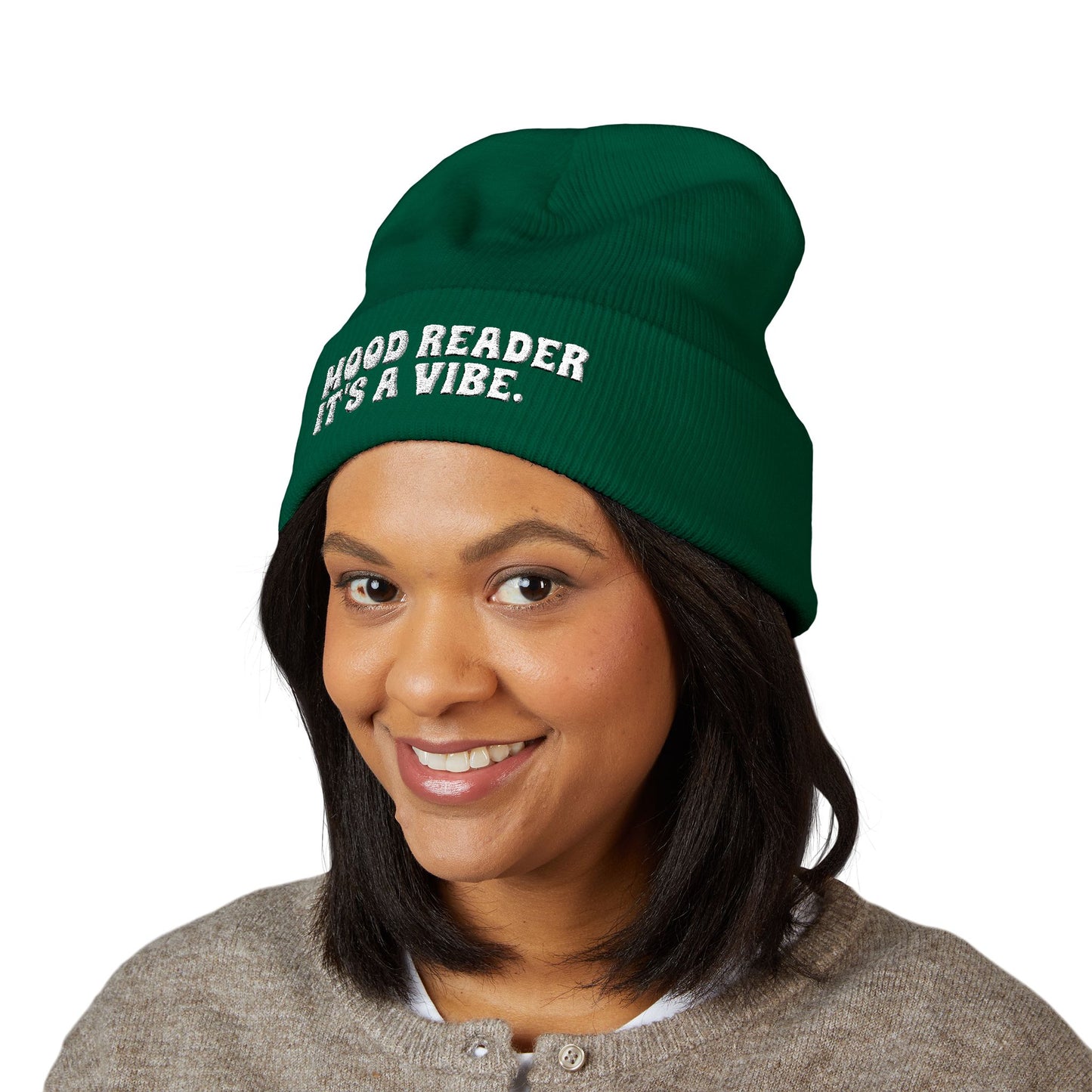 "Mood Reader It's a Vibe." - Embroidered Literary Cuffed Beanie (White Text)