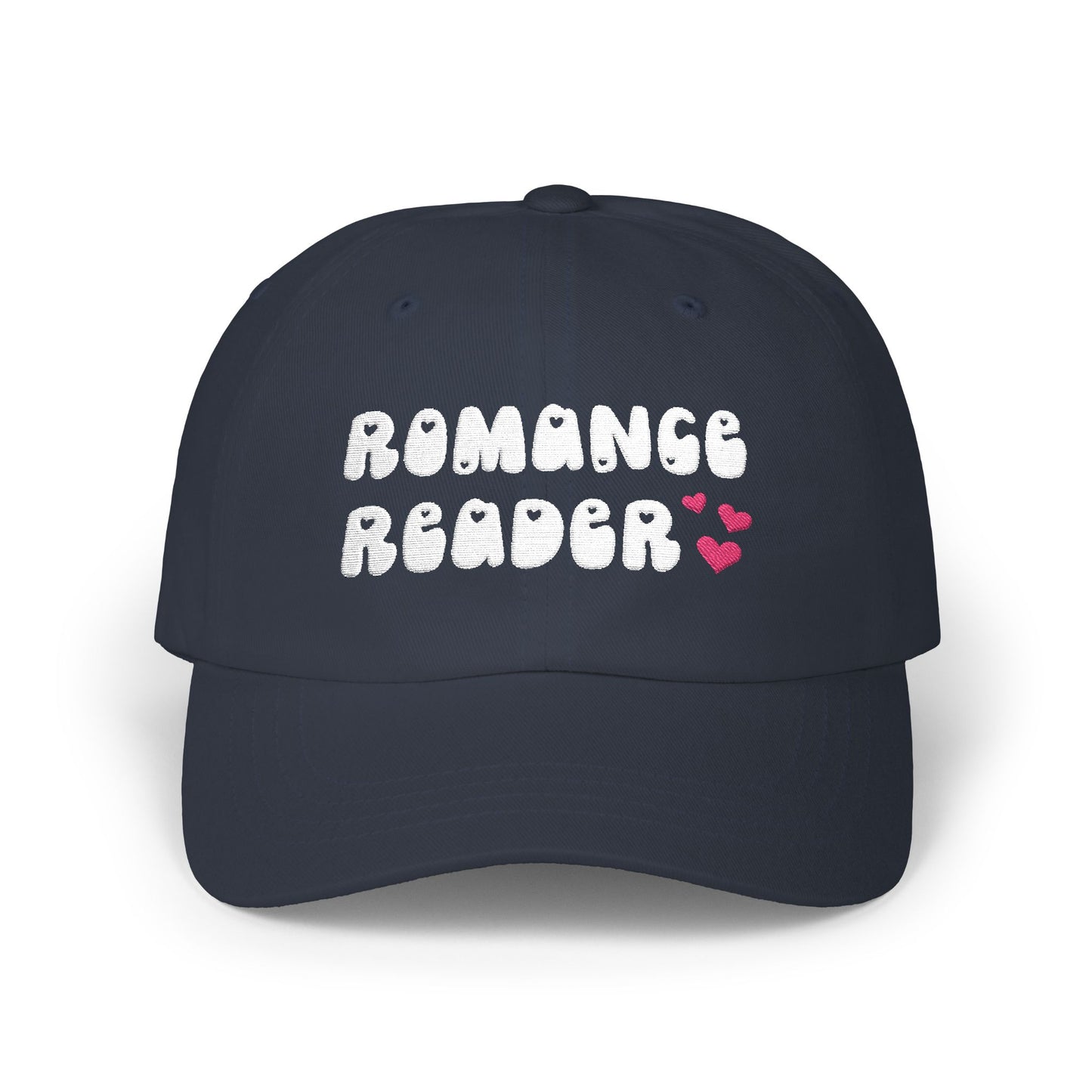 "Romance Reader" - Embroidered Literary Dad Cap (White Text with Maroon Hearts)
