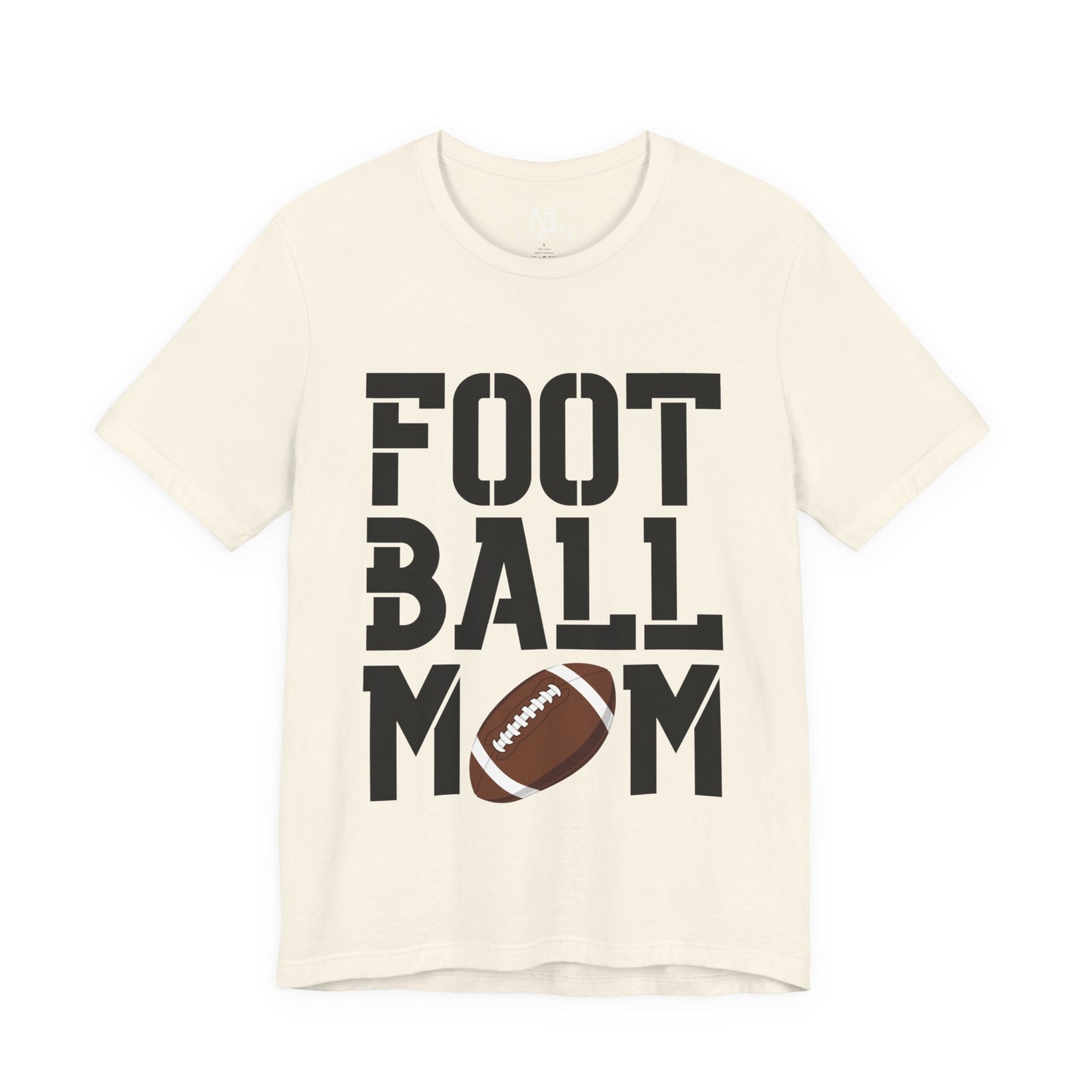 Football Mom T-Shirt – Bold Stacked Text with Football Graphic