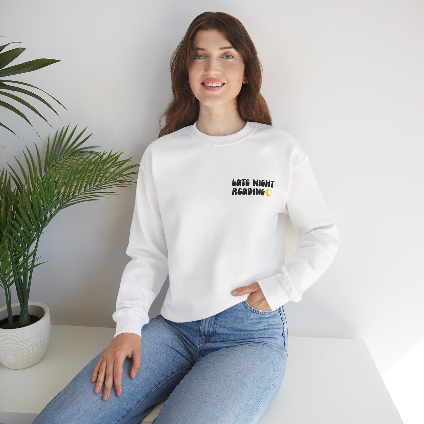 "Late Night Reading " — Cozy Book Lover Crewneck (Black Text)