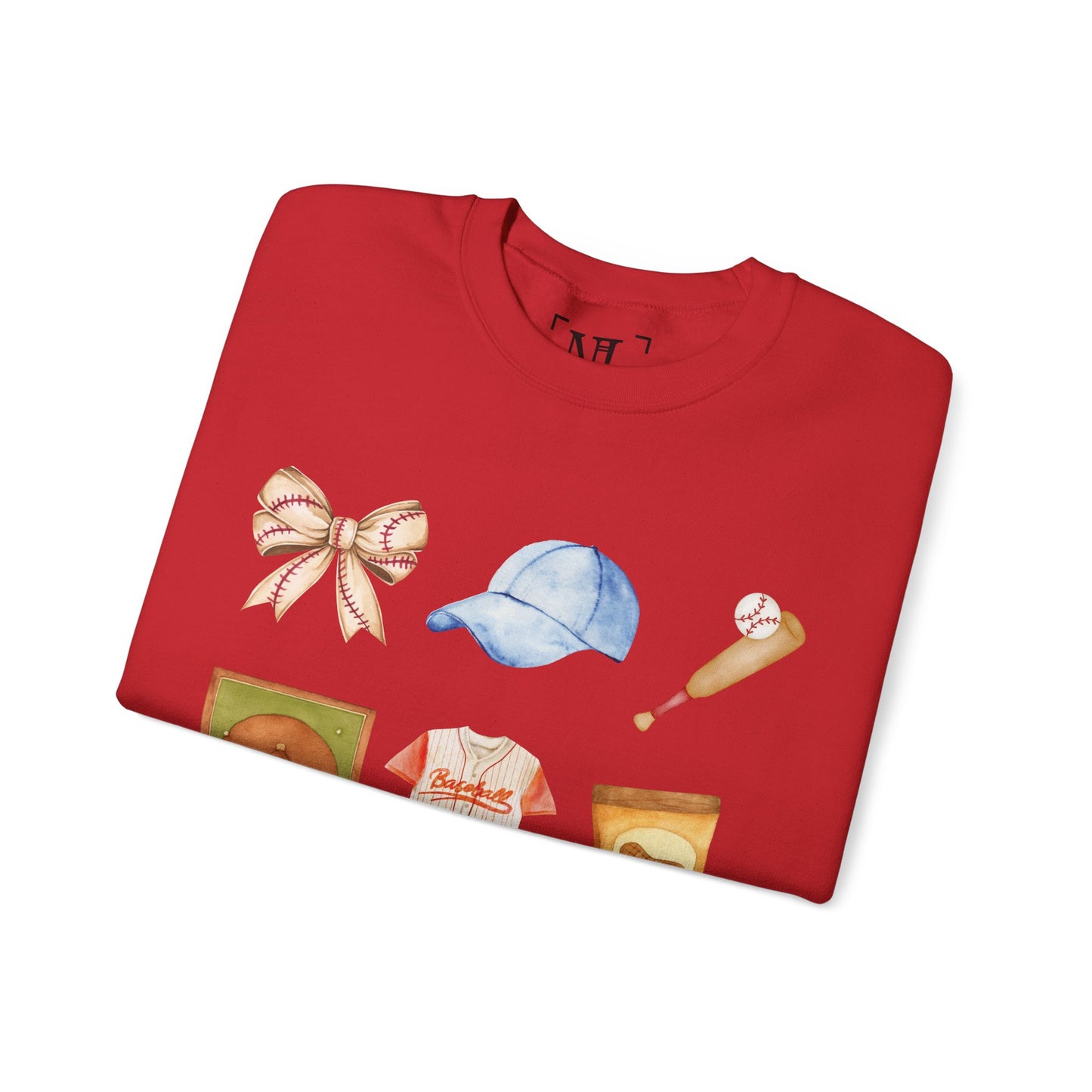 Baseball Icons Crewneck Sweatshirt — Watercolor Baseball Gear Graphic