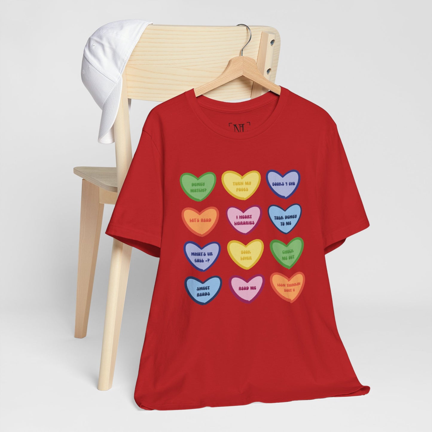 Library Conversation Heart Graphic Tee — Cute Pastel Candy Hearts with Messages