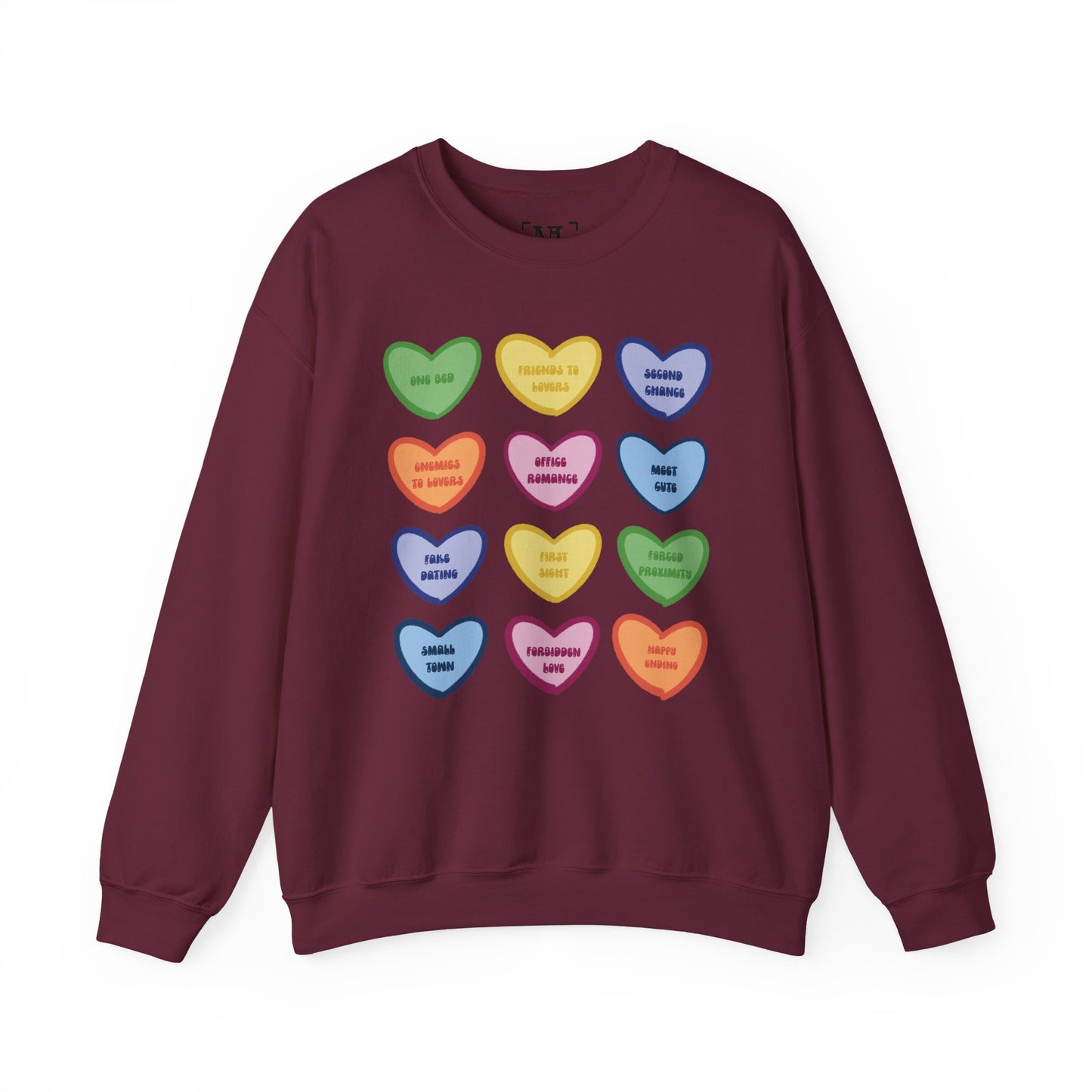 Romance Book Tropes Conversation Heart Sweatshirt — Colorful Valentine Candy Heart Graphic Crewneck