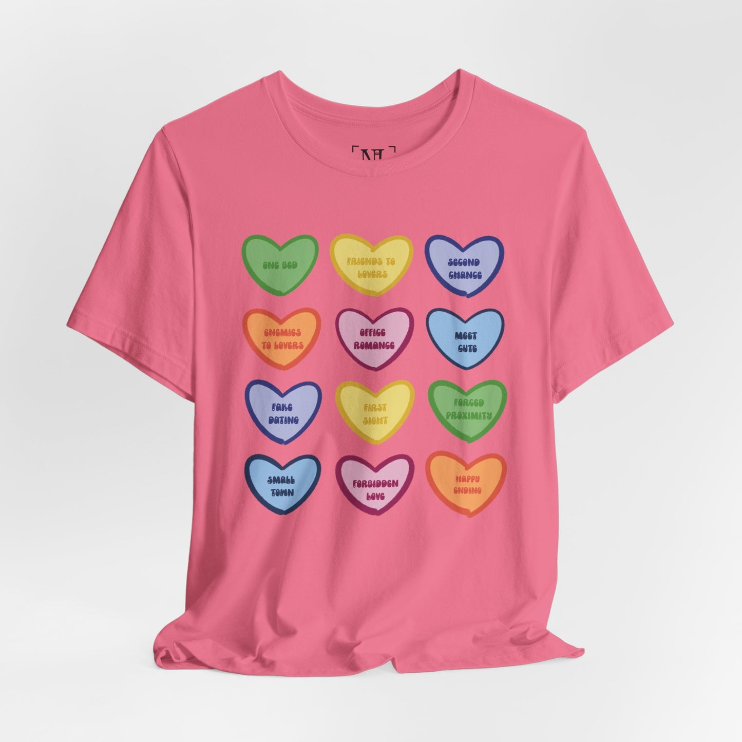 Romance Book Tropes Conversation Heart Graphic Tee — Cute Pastel Candy Hearts with Messages
