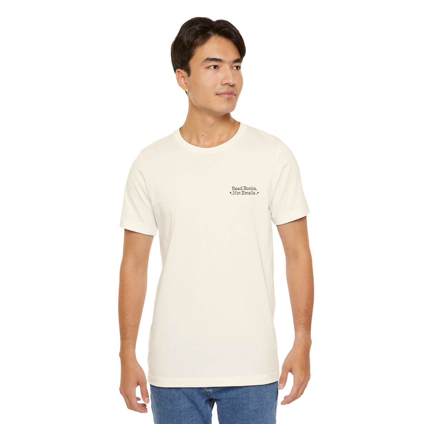 "Read Books, Not Emails - Embroidered Literary Tee (Black Text)