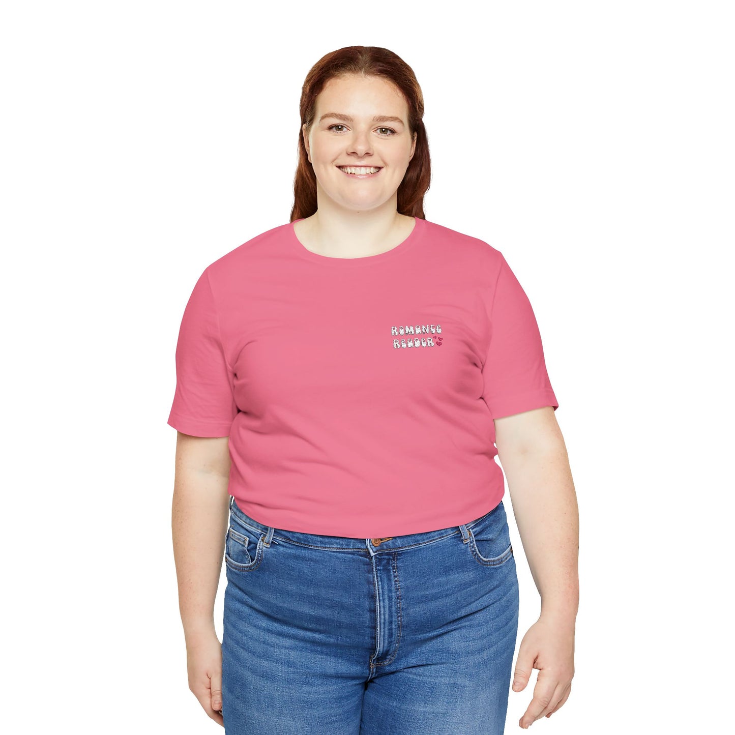 "Romance Reader" - Embroidered Literary Tee (White Text with Pink Hearts)