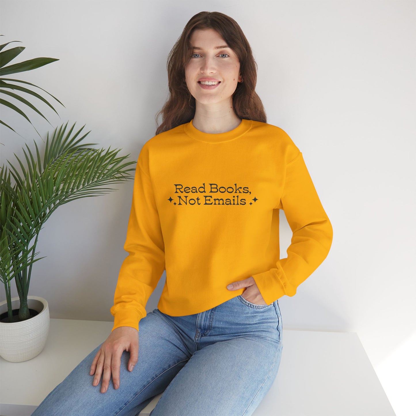 "Read Books Not Emails." - Embroidered Cozy Literary Sweatshirt (Black Text)