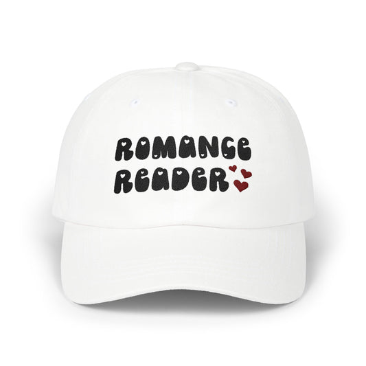 "Romance Reader" - Embroidered Literary Dad Cap (Black Text with Maroon Hearts)
