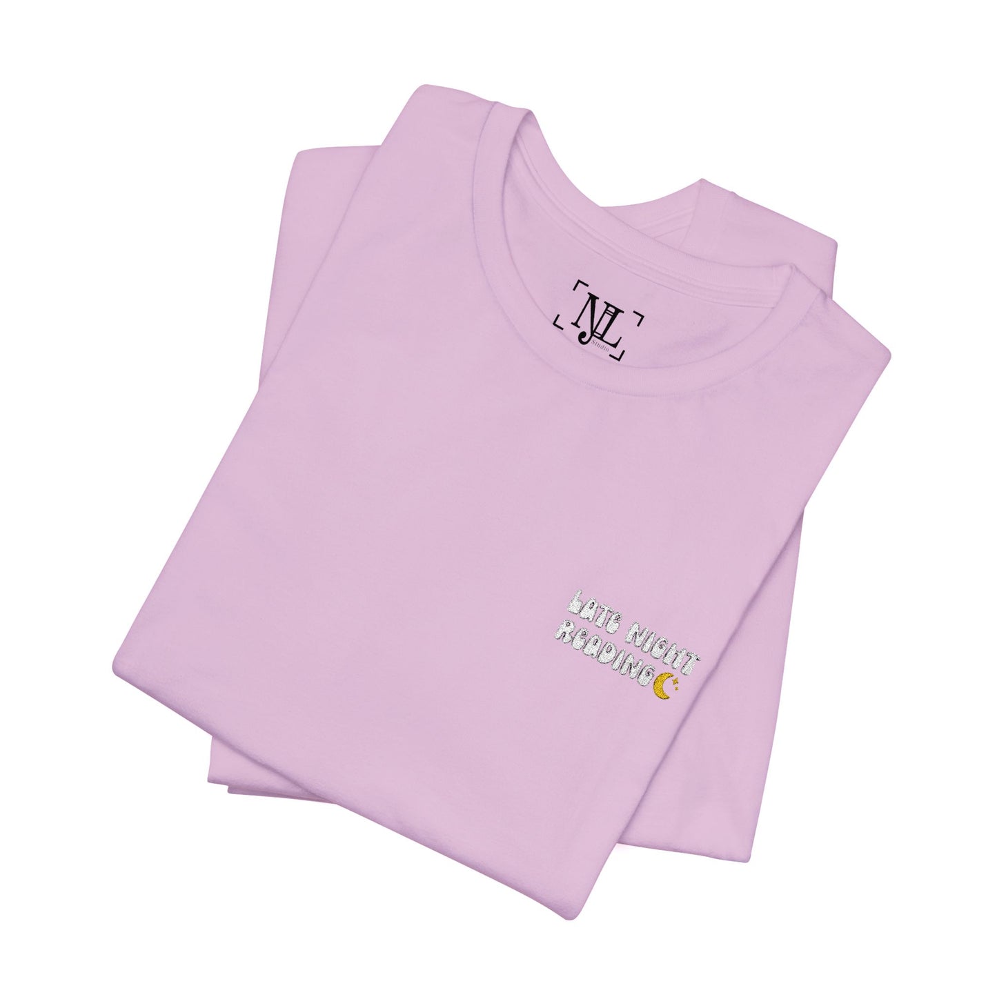 Late Night Reading - Embroidered Literary Tee (White Text)
