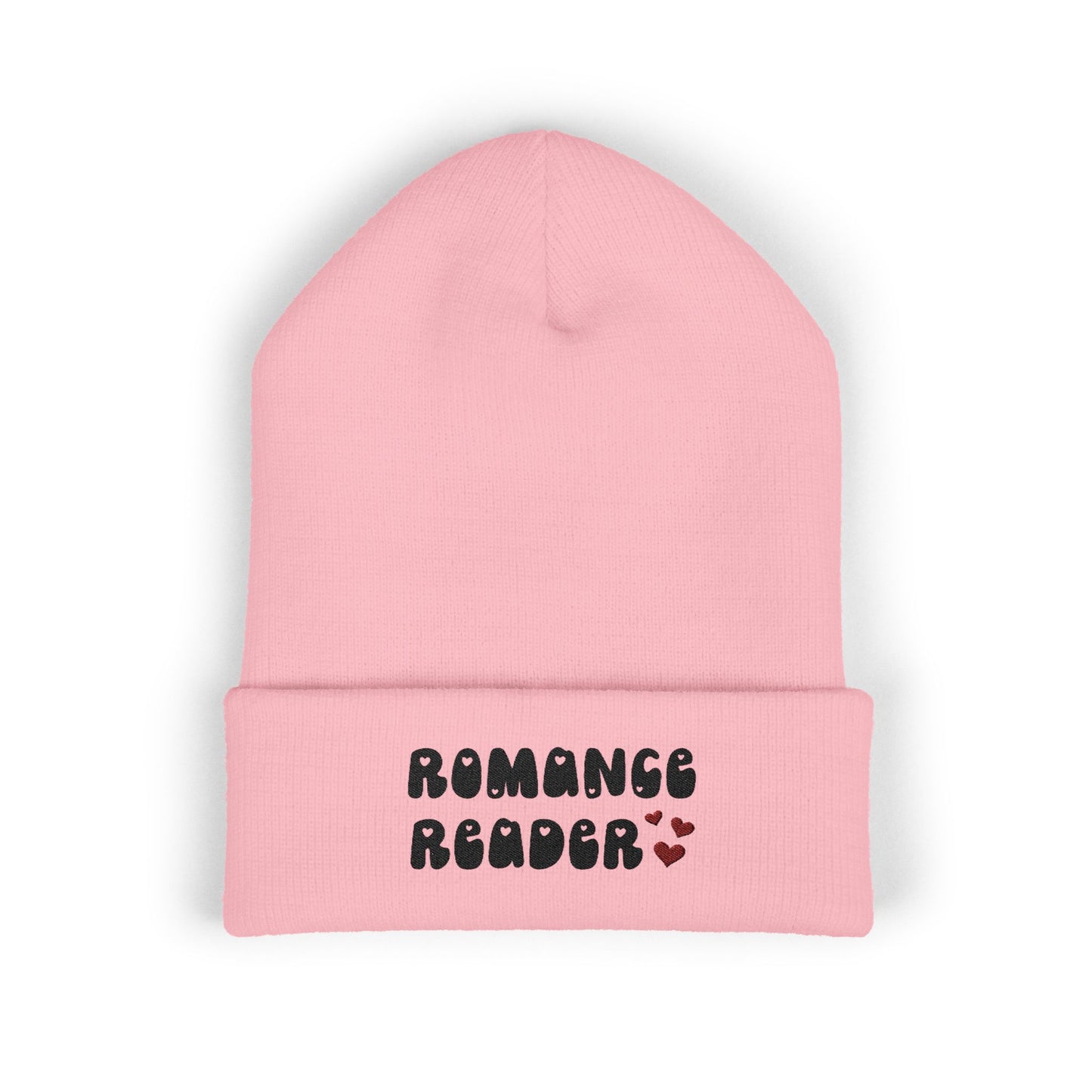 "Romance Reader" - Embroidered Literary Cuffed Beanie (Black Text with Maroon Hearts)
