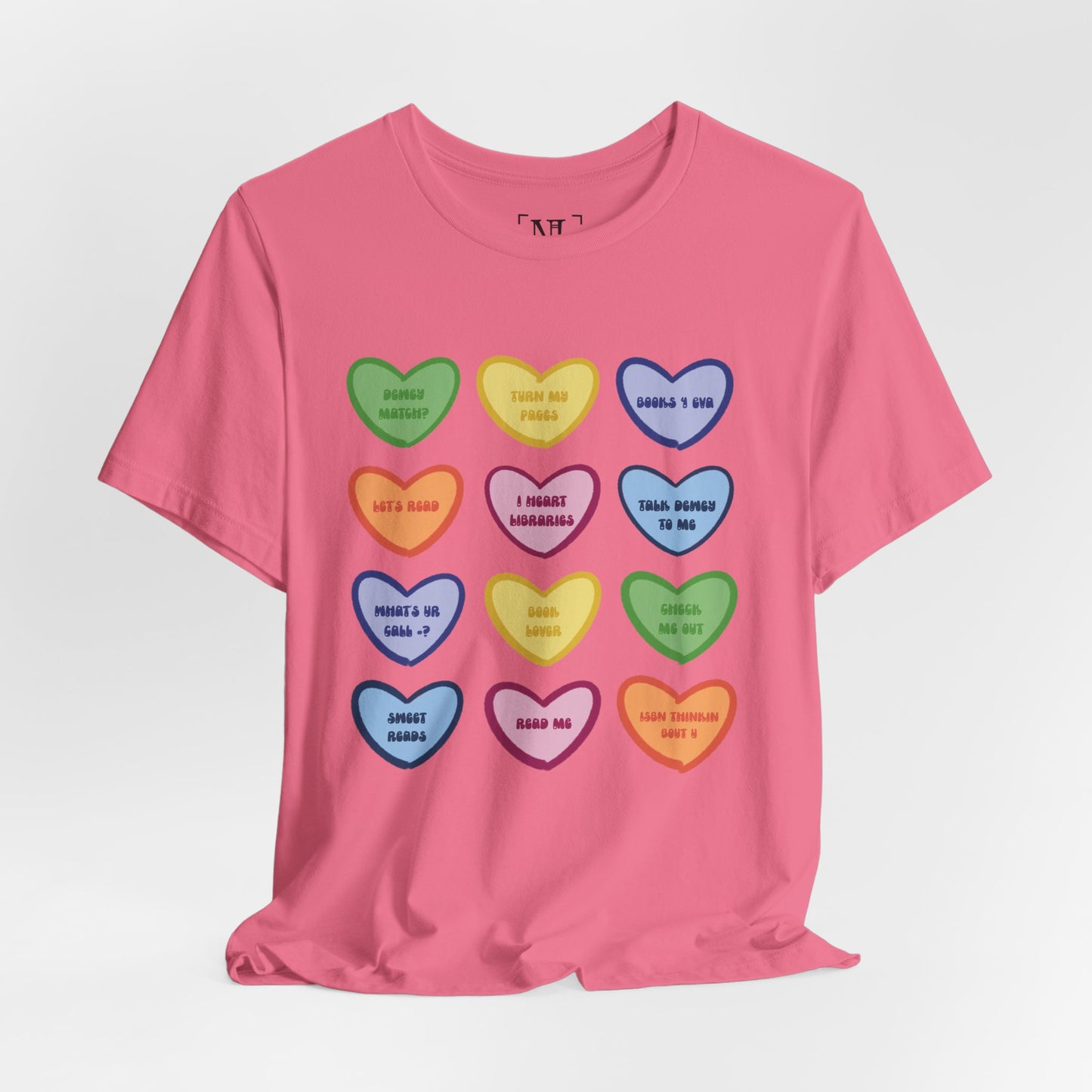 Library Conversation Heart Graphic Tee — Cute Pastel Candy Hearts with Messages