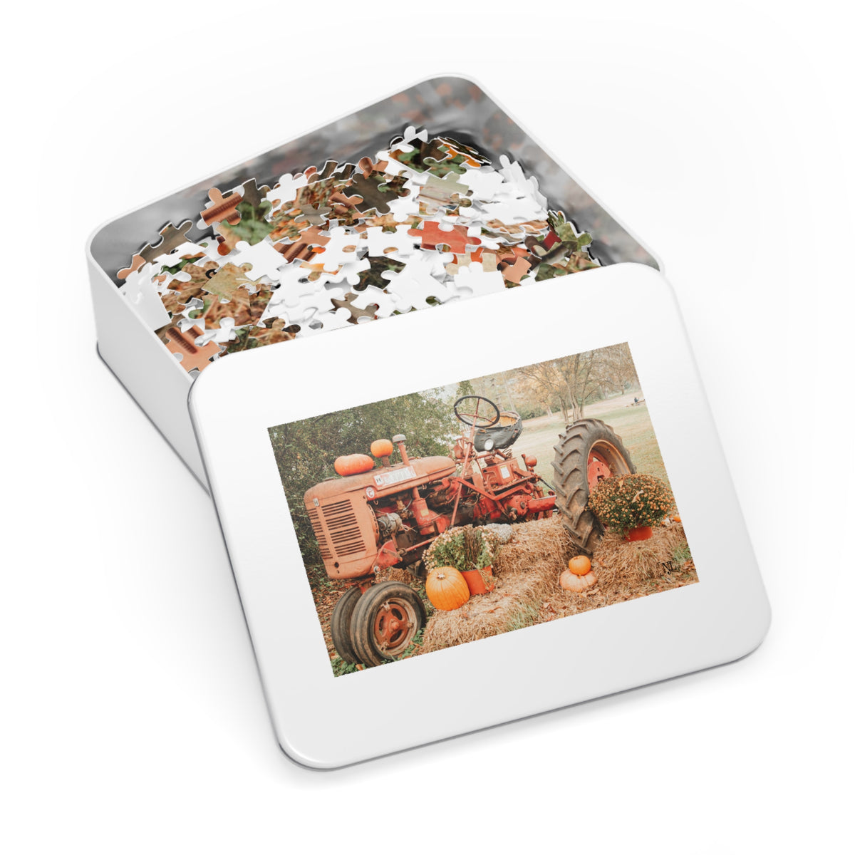 Rustic Fall Tractor Jigsaw Puzzle with Tin