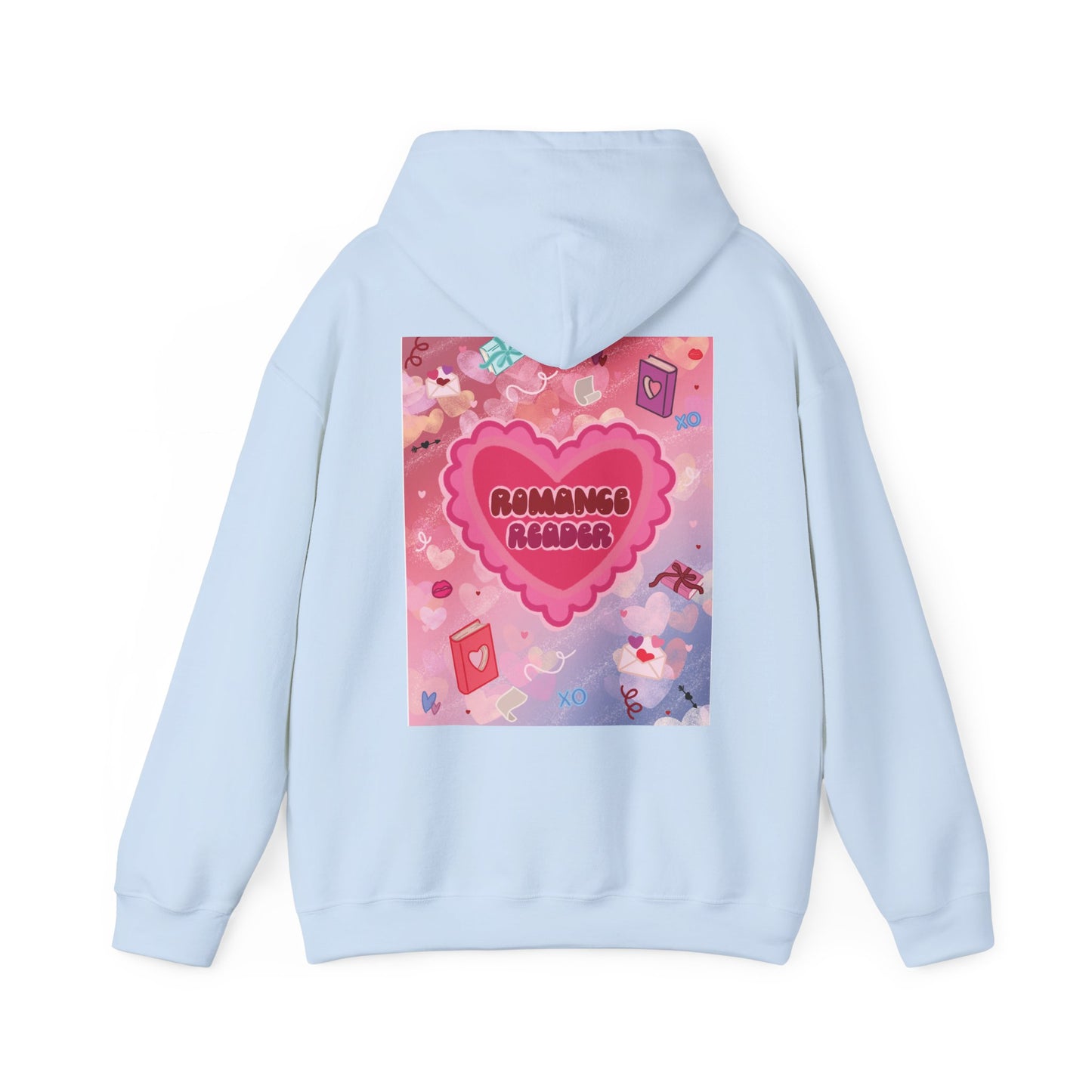 Romance Reader Hoodie — Cute Pink Heart Book Lover Pullover (Black Text)