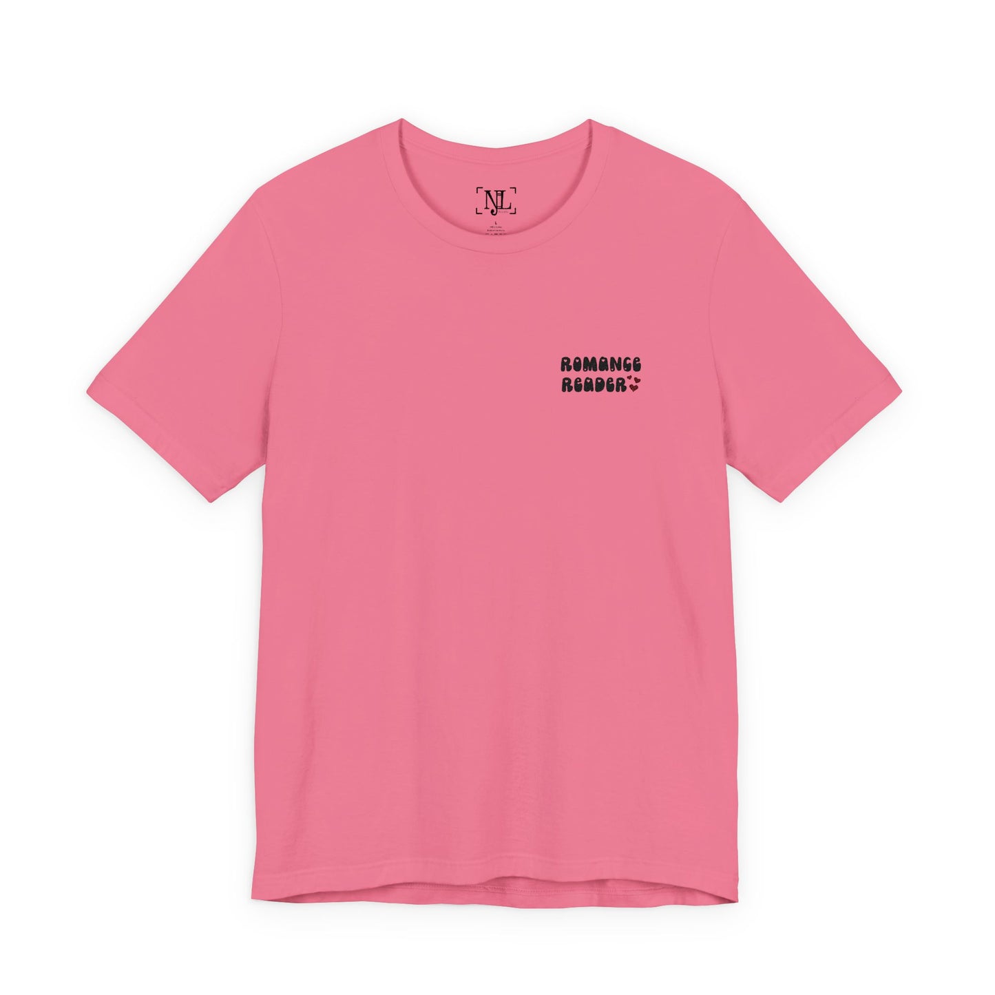 "Romance Reader" - Embroidered Literary Tee (Black Text with Maroon Hearts)