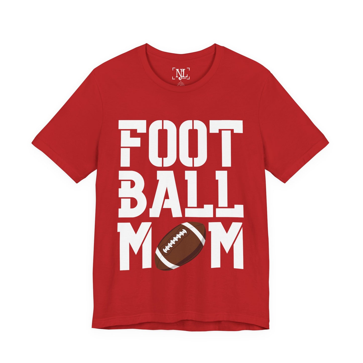 Football Mom T-Shirt – Bold Stacked Text with Football Graphic (White Text)