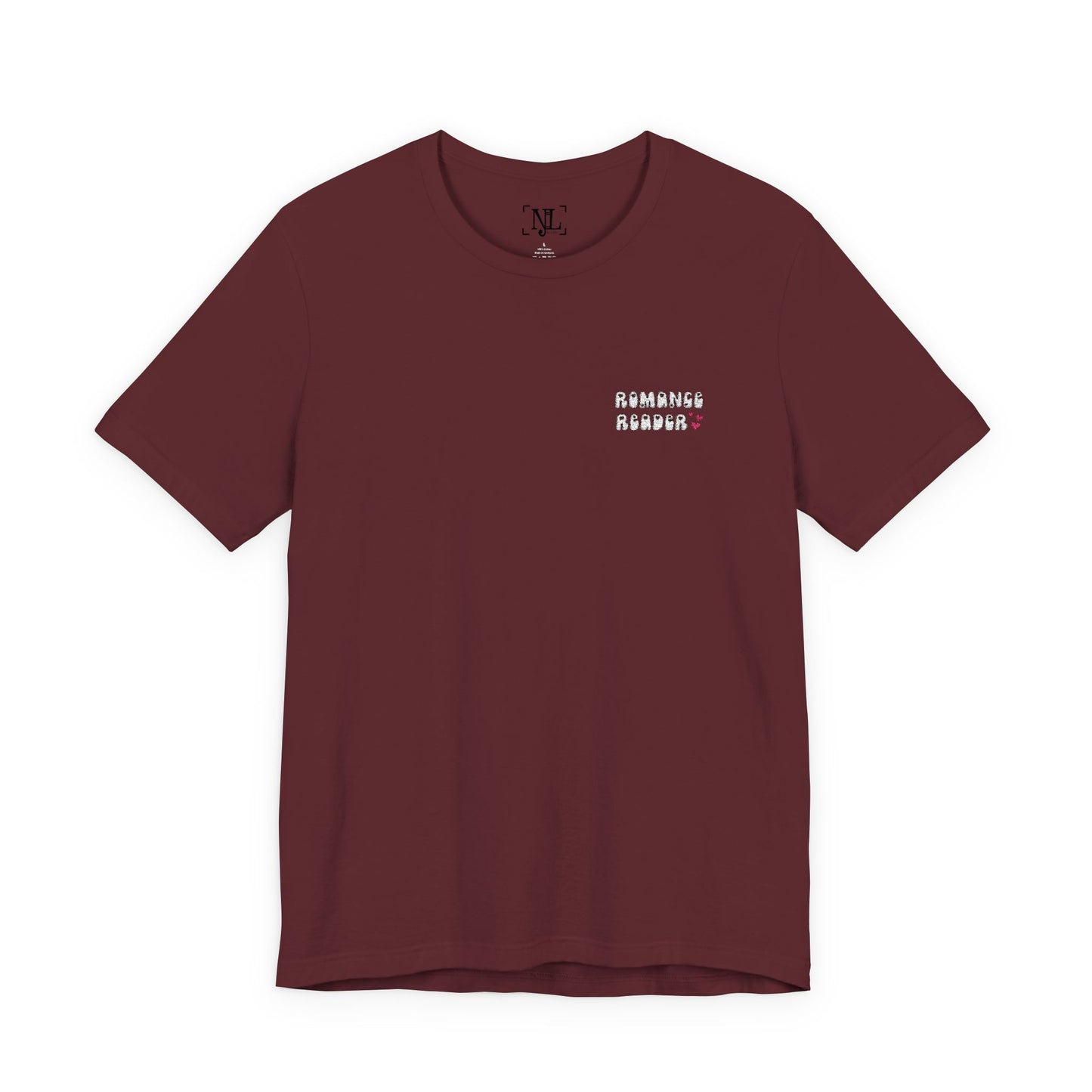 "Romance Reader" - Embroidered Literary Tee (White Text with Pink Hearts)