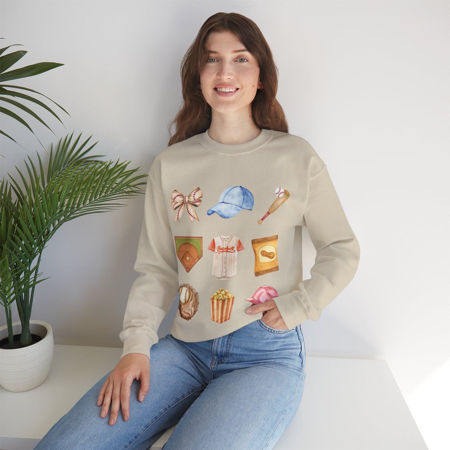 Baseball Icons Crewneck Sweatshirt — Watercolor Baseball Gear Graphic