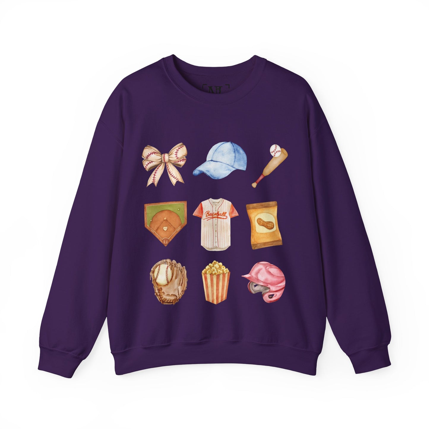 Baseball Icons Crewneck Sweatshirt — Watercolor Baseball Gear Graphic