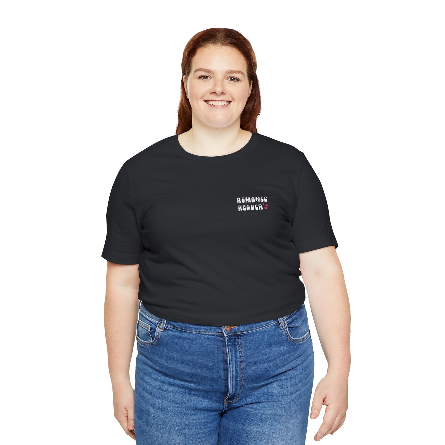 "Romance Reader" - Embroidered Literary Tee (White Text with Pink Hearts)